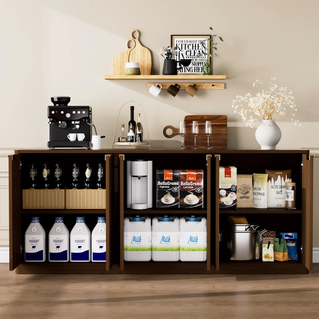 Alt view image 6 of 7 - 67-inch modern wavy sideboard, curved contour design storage cabinet, 6-door cabinet with storage function, suitable for kitchen / bedroom / living room, Walnut, 67.0"L x 15.7"W x 27.7"H