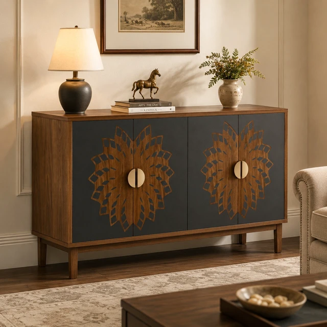 Alt view image 3 of 7 - 63"Sideboard/Dining Room Cabinet,Vintage-Style Decorative Storage Cabinet with Carved Doors,a Multifunctional Sideboard Ideal for Storage in Entryways,Living Rooms and Dining Rooms,63"L*15.7"W*32.7"H