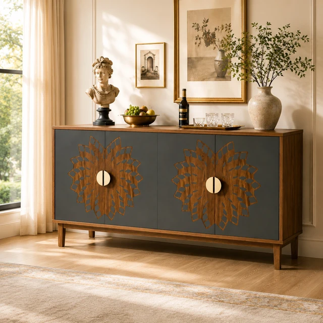 Alt view image 2 of 7 - 63"Sideboard/Dining Room Cabinet,Vintage-Style Decorative Storage Cabinet with Carved Doors,a Multifunctional Sideboard Ideal for Storage in Entryways,Living Rooms and Dining Rooms,63"L*15.7"W*32.7"H