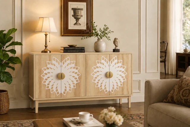 Alt view image 7 of 7 - 63"Sideboard/Dining Room Cabinet,Vintage-Style Decorative Storage Cabinet with Carved Doors,a Multifunctional Sideboard Ideal for Storage in Entryways,Living Rooms and Dining Rooms,63"L*15.7"W*32.7"H