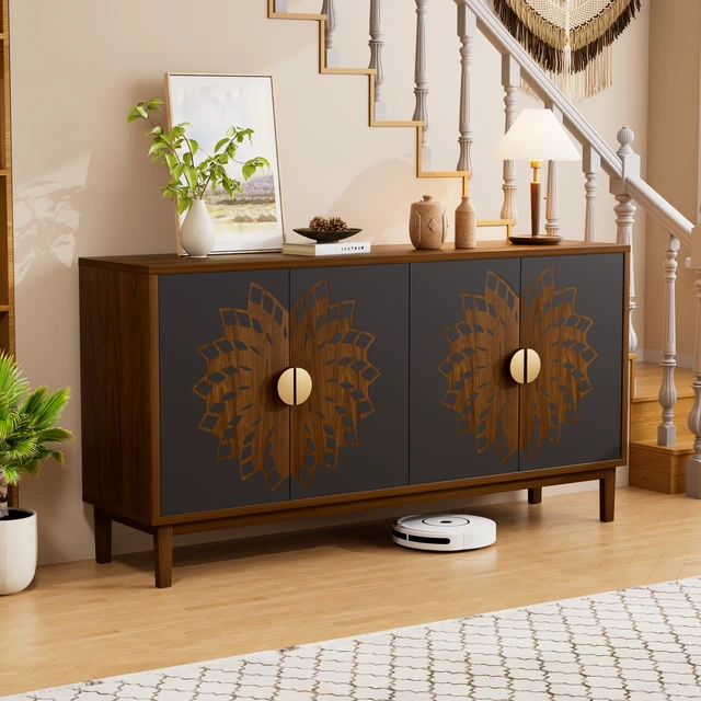 Alt view image 6 of 7 - 63"Sideboard/Dining Room Cabinet,Vintage-Style Decorative Storage Cabinet with Carved Doors,a Multifunctional Sideboard Ideal for Storage in Entryways,Living Rooms and Dining Rooms,63"L*15.7"W*32.7"H