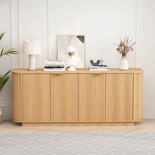 Main image of 63 " Wavy Storage Sideboard, Double-Door Buffet Cabinet with Adjustable Shelves, Suitable for Kitchen, Living Room, Hallway - Versatile Storage (Natural)