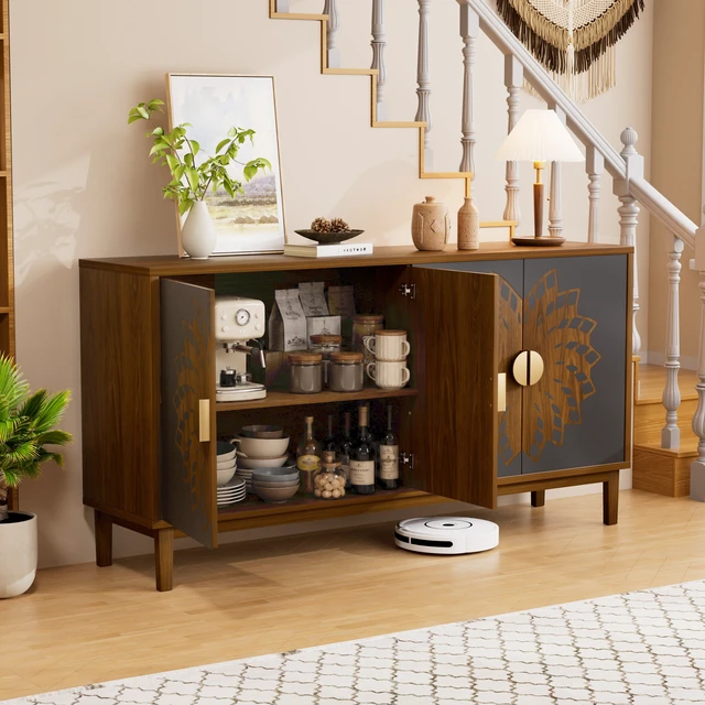 Alt view image 4 of 7 - 63"Sideboard/Dining Room Cabinet,Vintage-Style Decorative Storage Cabinet with Carved Doors,a Multifunctional Sideboard Ideal for Storage in Entryways,Living Rooms and Dining Rooms,63"L*15.7"W*32.7"H