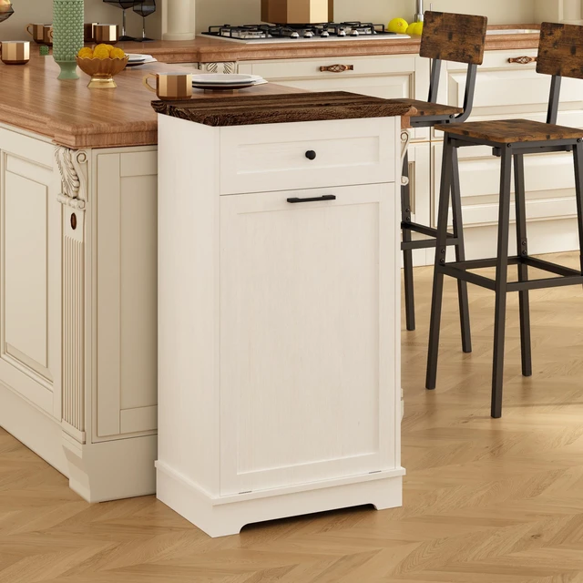 Alt view image 2 of 7 - 13 Gallon Tilt Out Trash Cabinet Freestanding Trash Bin Cabinet Wood Garbage Recycling Cabinet with Drawer Pet Proof Trash Can Holder for Kitchen Living Room, Antique White (Not include trash can)