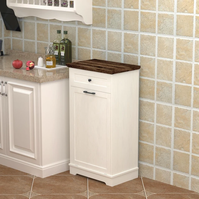 Alt view image 3 of 7 - 13 Gallon Tilt Out Trash Cabinet Freestanding Trash Bin Cabinet Wood Garbage Recycling Cabinet with Drawer Pet Proof Trash Can Holder for Kitchen Living Room, Antique White (Not include trash can)