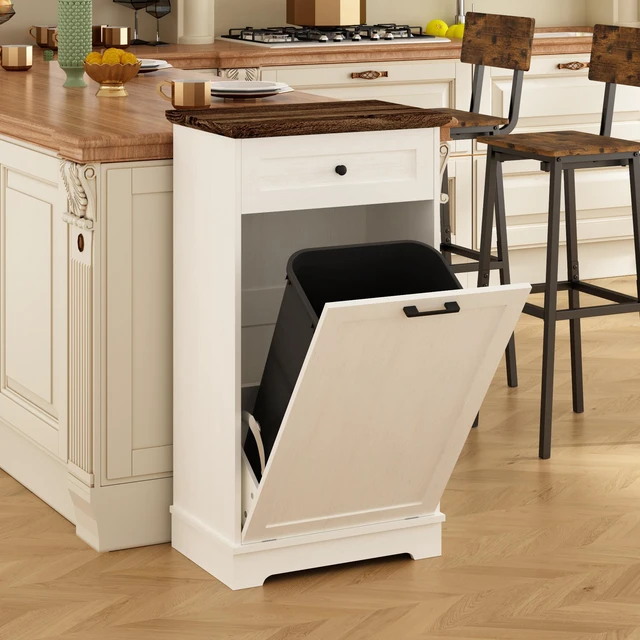 Main image of 13 Gallon Tilt Out Trash Cabinet Freestanding Trash Bin Cabinet Wood Garbage Recycling Cabinet with Drawer Pet Proof Trash Can Holder for Kitchen Living Room, Antique White (Not include trash can)