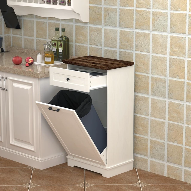 Alt view image 4 of 7 - 13 Gallon Tilt Out Trash Cabinet Freestanding Trash Bin Cabinet Wood Garbage Recycling Cabinet with Drawer Pet Proof Trash Can Holder for Kitchen Living Room, Antique White (Not include trash can)