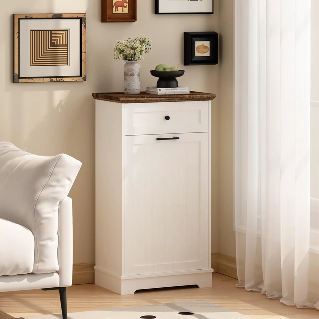 Alt view image 6 of 7 - 13 Gallon Tilt Out Trash Cabinet Freestanding Trash Bin Cabinet Wood Garbage Recycling Cabinet with Drawer Pet Proof Trash Can Holder for Kitchen Living Room, Antique White (Not include trash can)