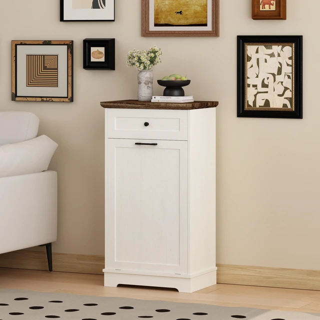 Alt view image 5 of 7 - 13 Gallon Tilt Out Trash Cabinet Freestanding Trash Bin Cabinet Wood Garbage Recycling Cabinet with Drawer Pet Proof Trash Can Holder for Kitchen Living Room, Antique White (Not include trash can)