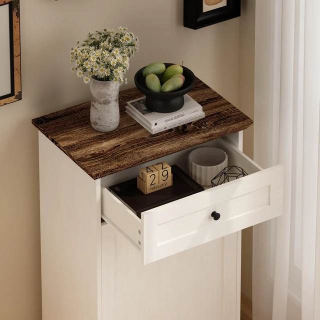 Alt view image 7 of 7 - 13 Gallon Tilt Out Trash Cabinet Freestanding Trash Bin Cabinet Wood Garbage Recycling Cabinet with Drawer Pet Proof Trash Can Holder for Kitchen Living Room, Antique White (Not include trash can)