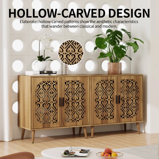 Alt view image 5 of 7 - Wooden Storage Cabinet with HollowOut Carved Doors, MDF Melamine Cabinet with Adjustable Shelves, AntiTip Hardware, Pine Legs, Matte Black Handles, Freestanding Side Cabinet for Living Room Bedroom