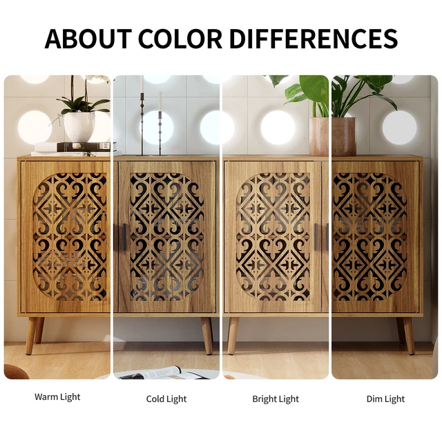Alt view image 7 of 7 - Wooden Storage Cabinet with HollowOut Carved Doors, MDF Melamine Cabinet with Adjustable Shelves, AntiTip Hardware, Pine Legs, Matte Black Handles, Freestanding Side Cabinet for Living Room Bedroom
