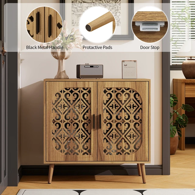 Alt view image 6 of 7 - Wooden Storage Cabinet with HollowOut Carved Doors, MDF Melamine Cabinet with Adjustable Shelves, AntiTip Hardware, Pine Legs, Matte Black Handles, Freestanding Side Cabinet for Living Room Bedroom