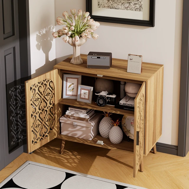 Alt view image 4 of 7 - Wooden Storage Cabinet with HollowOut Carved Doors, MDF Melamine Cabinet with Adjustable Shelves, AntiTip Hardware, Pine Legs, Matte Black Handles, Freestanding Side Cabinet for Living Room Bedroom