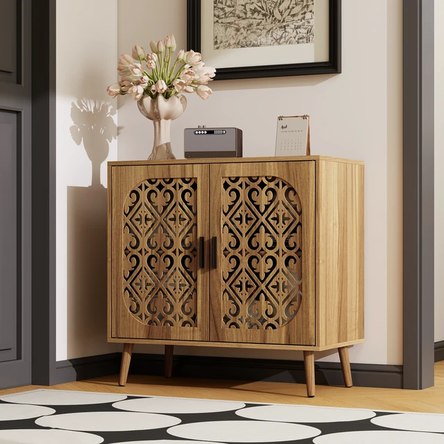 Alt view image 2 of 7 - Wooden Storage Cabinet with HollowOut Carved Doors, MDF Melamine Cabinet with Adjustable Shelves, AntiTip Hardware, Pine Legs, Matte Black Handles, Freestanding Side Cabinet for Living Room Bedroom