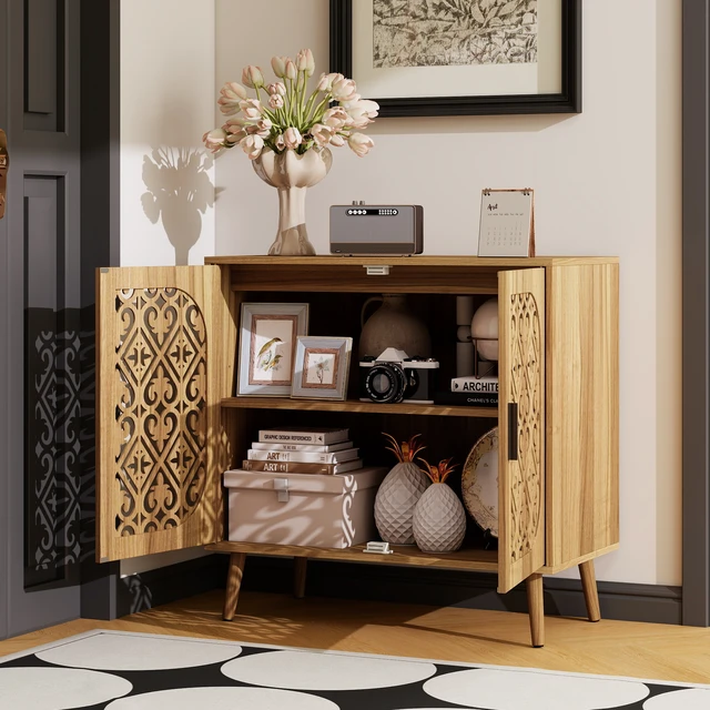 Alt view image 3 of 7 - Wooden Storage Cabinet with HollowOut Carved Doors, MDF Melamine Cabinet with Adjustable Shelves, AntiTip Hardware, Pine Legs, Matte Black Handles, Freestanding Side Cabinet for Living Room Bedroom
