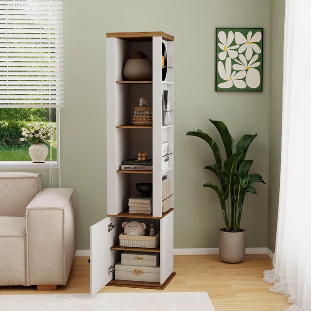 Alt view image 3 of 7 - 360° Rotating Storage Cabinet with Full-Length Mirror, total of 8 open shelves on both sides, One Side Hooks, 1 Door with a Shelve, for Living Room, Entryway, Bathroom-Antique White