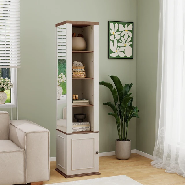 Alt view image 2 of 7 - 360° Rotating Storage Cabinet with Full-Length Mirror, total of 8 open shelves on both sides, One Side Hooks, 1 Door with a Shelve, for Living Room, Entryway, Bathroom-Antique White