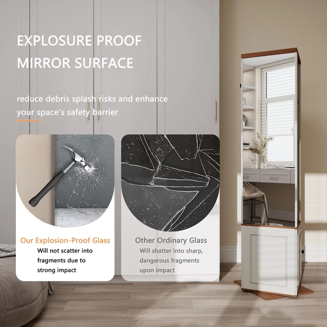 Alt view image 6 of 7 - 360° Rotating Storage Cabinet with Full-Length Mirror, total of 8 open shelves on both sides, One Side Hooks, 1 Door with a Shelve, for Living Room, Entryway, Bathroom-Antique White