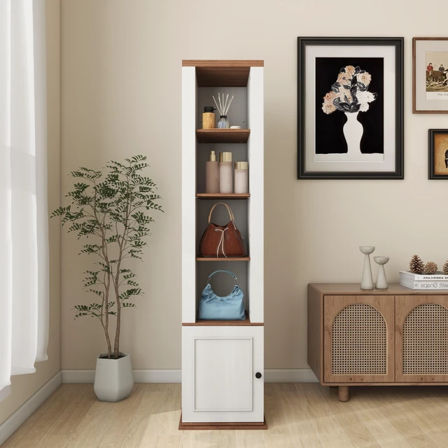 Alt view image 7 of 7 - 360° Rotating Storage Cabinet with Full-Length Mirror, total of 8 open shelves on both sides, One Side Hooks, 1 Door with a Shelve, for Living Room, Entryway, Bathroom-Antique White