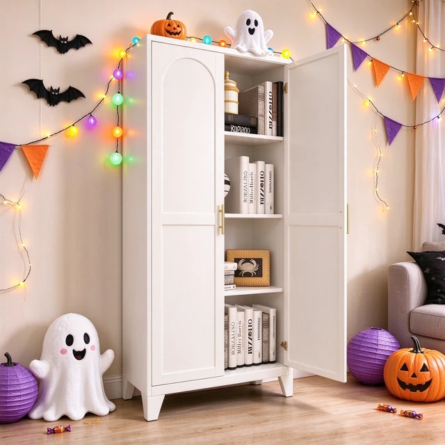 Alt view image 2 of 7 - 61'' 2 Shapely Doors Cabinet, Metal Storage Cabinet with Doors and Adjustable Shelves, for Bedroom, Living Room(White)