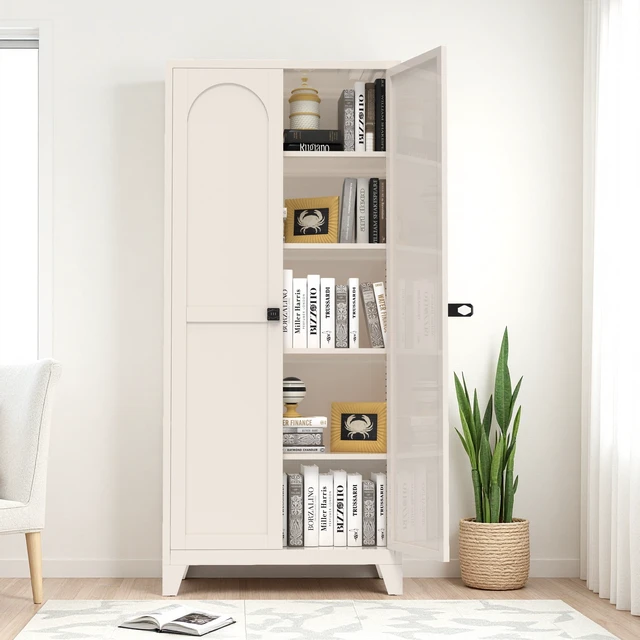 Alt view image 4 of 7 - 71'' 2 Shapely Door Cabinet With Lock, Metal Storage Cabinet with Doors and Adjustable Shelves, for Kitchen, Bedroom, Living Room(Beige)