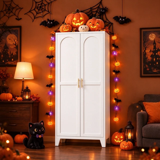 Alt view image 4 of 7 - 61'' 2 Shapely Doors Cabinet, Metal Storage Cabinet with Doors and Adjustable Shelves, for Bedroom, Living Room(White)