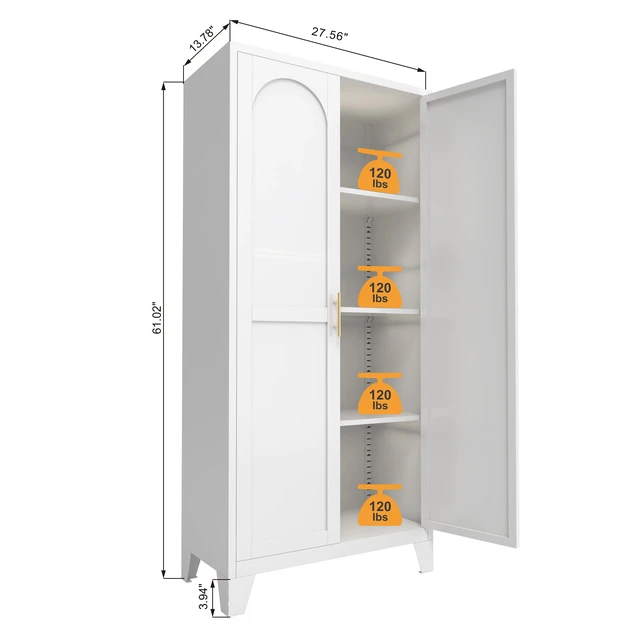Alt view image 7 of 7 - 61'' 2 Shapely Doors Cabinet, Metal Storage Cabinet with Doors and Adjustable Shelves, for Bedroom, Living Room(White)