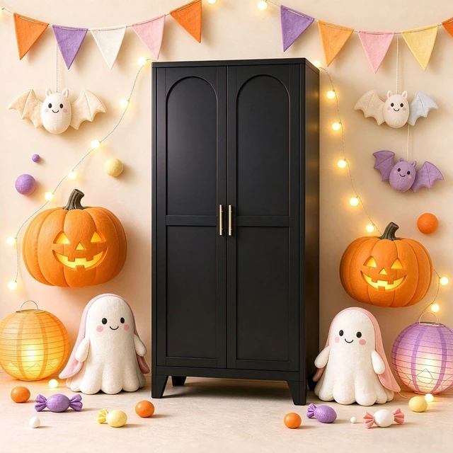 Main image of 61'' 2 Shapely Doors Cabinet, Metal Storage Cabinet with Doors and Adjustable Shelves, for Bedroom, Living Room(Black)