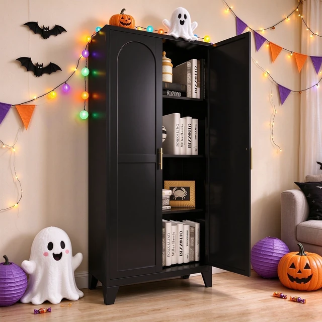 Alt view image 4 of 7 - 61'' 2 Shapely Doors Cabinet, Metal Storage Cabinet with Doors and Adjustable Shelves, for Bedroom, Living Room(Black)