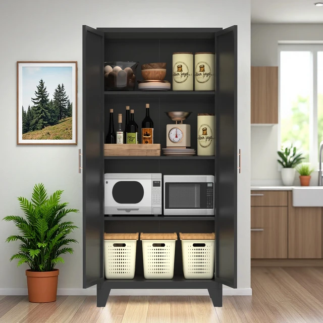 Alt view image 6 of 7 - 61'' 2 Shapely Doors Cabinet, Metal Storage Cabinet with Doors and Adjustable Shelves, for Bedroom, Living Room(Black)
