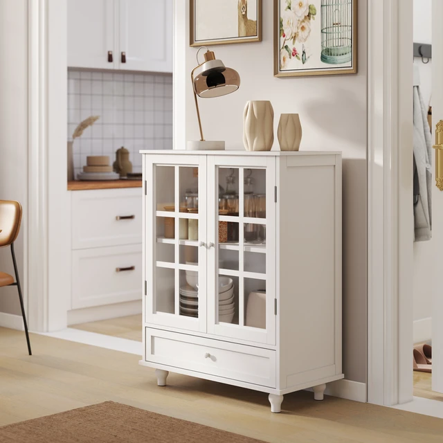 Alt view image 2 of 7 - Minimalist White Buffet Cabinet with Double Glass Doors and Drawer, Modern Wooden Storage Sideboard Cupboard for Living room, Dining Room Hallway Entryway