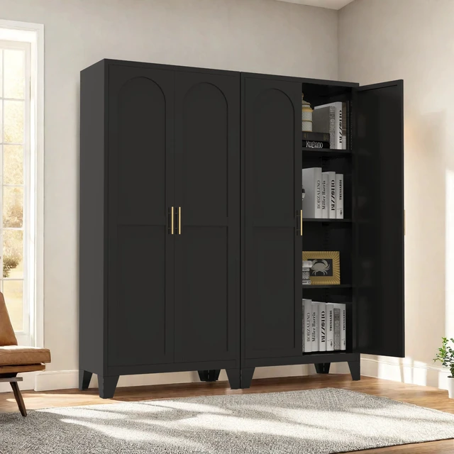 Alt view image 5 of 7 - 61'' 2 Shapely Doors Cabinet, Metal Storage Cabinet with Doors and Adjustable Shelves, for Bedroom, Living Room(Black)