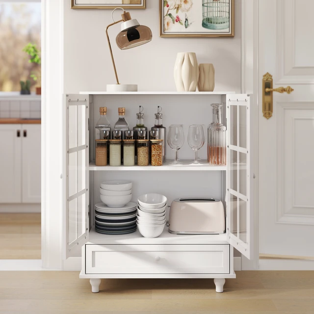 Alt view image 4 of 7 - Minimalist White Buffet Cabinet with Double Glass Doors and Drawer, Modern Wooden Storage Sideboard Cupboard for Living room, Dining Room Hallway Entryway