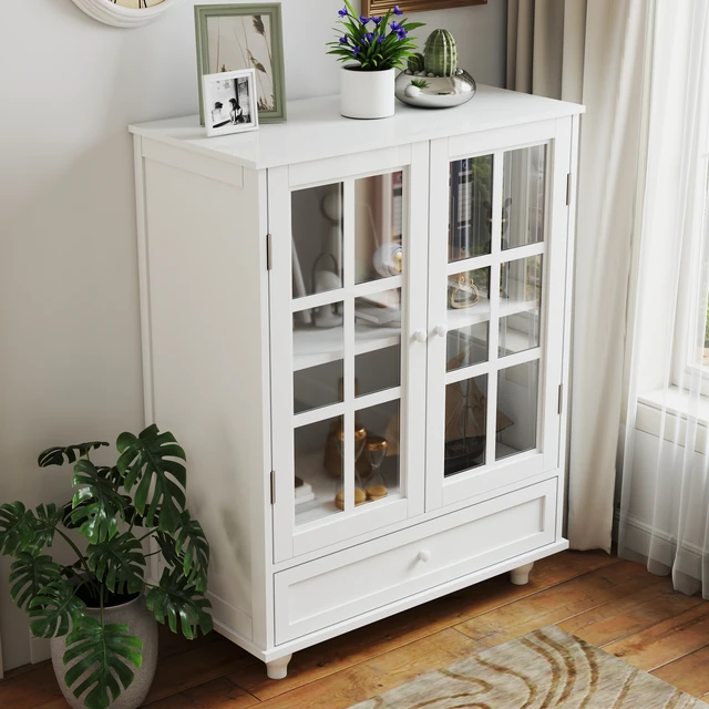 Alt view image 5 of 7 - Minimalist White Buffet Cabinet with Double Glass Doors and Drawer, Modern Wooden Storage Sideboard Cupboard for Living room, Dining Room Hallway Entryway