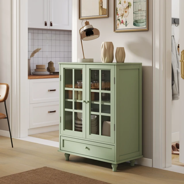 Alt view image 2 of 7 - Minimalism Buffet Cabinet with Double Glass Doors and Drawer, Modern Wooden Storage Sideboard Cupboard for Living room, Dining Room Hallway Entryway (Mint Green)