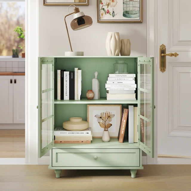 Alt view image 4 of 7 - Minimalism Buffet Cabinet with Double Glass Doors and Drawer, Modern Wooden Storage Sideboard Cupboard for Living room, Dining Room Hallway Entryway (Mint Green)