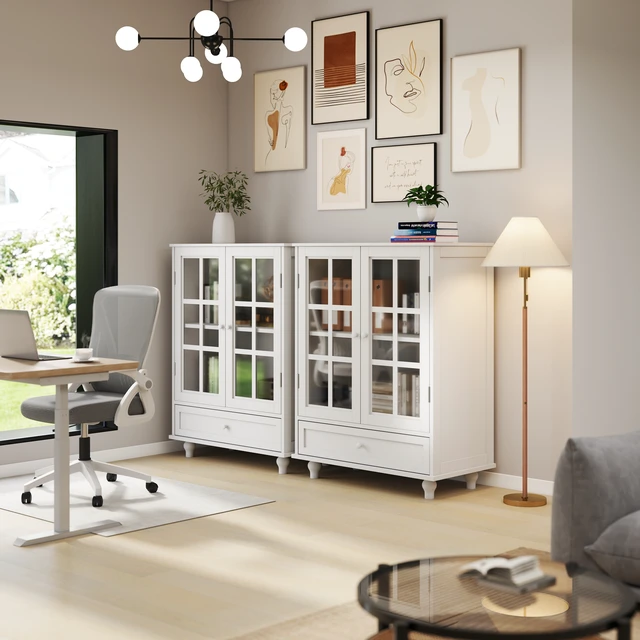 Alt view image 6 of 7 - Minimalist White Buffet Cabinet with Double Glass Doors and Drawer, Modern Wooden Storage Sideboard Cupboard for Living room, Dining Room Hallway Entryway