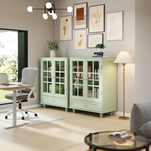 Alt view image 6 of 7 - Minimalism Buffet Cabinet with Double Glass Doors and Drawer, Modern Wooden Storage Sideboard Cupboard for Living room, Dining Room Hallway Entryway (Mint Green)