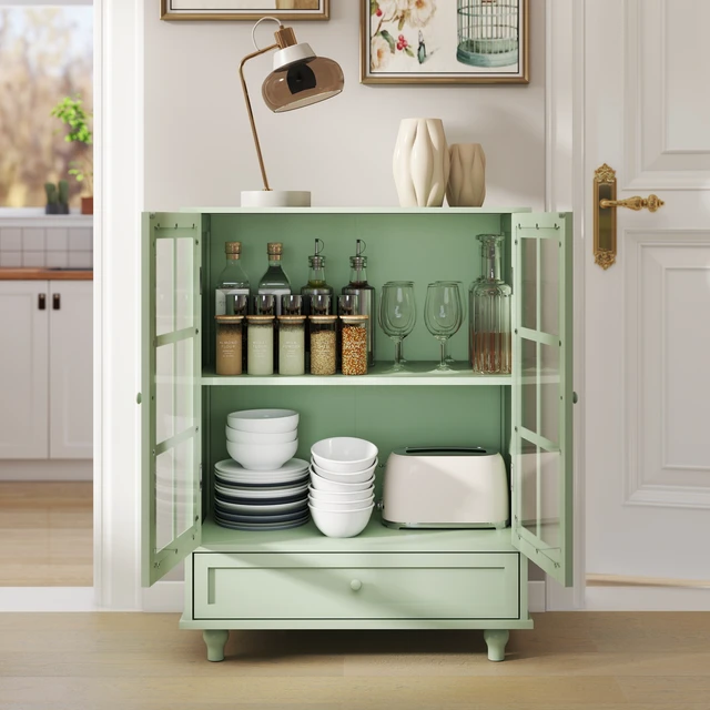 Alt view image 3 of 7 - Minimalism Buffet Cabinet with Double Glass Doors and Drawer, Modern Wooden Storage Sideboard Cupboard for Living room, Dining Room Hallway Entryway (Mint Green)