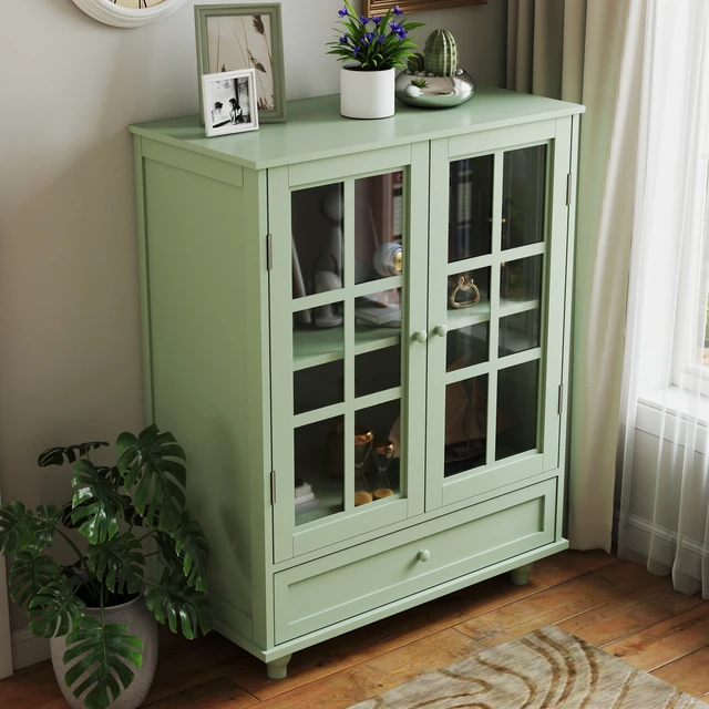 Alt view image 5 of 7 - Minimalism Buffet Cabinet with Double Glass Doors and Drawer, Modern Wooden Storage Sideboard Cupboard for Living room, Dining Room Hallway Entryway (Mint Green)