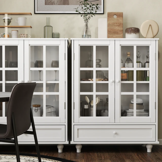 Alt view image 7 of 7 - Minimalist White Buffet Cabinet with Double Glass Doors and Drawer, Modern Wooden Storage Sideboard Cupboard for Living room, Dining Room Hallway Entryway