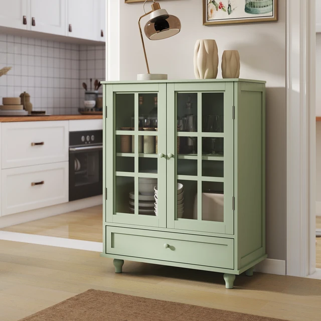 Main image of Minimalism Buffet Cabinet with Double Glass Doors and Drawer, Modern Wooden Storage Sideboard Cupboard for Living room, Dining Room Hallway Entryway (Mint Green)