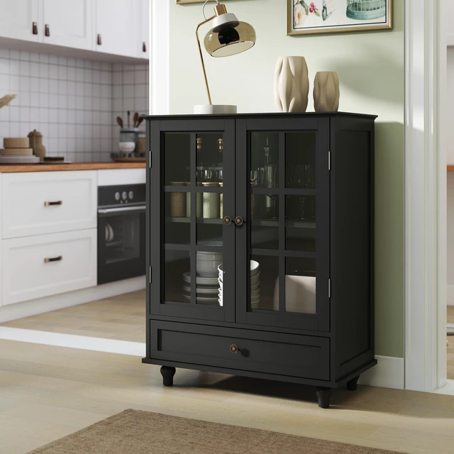 Main image of Minimalist Black Buffet Cabinet with Double Glass Doors and Drawer, Modern Wooden Storage Sideboard Cupboard for Living room, Dining Room Hallway Entryway(Black)