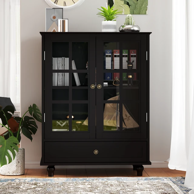 Alt view image 6 of 7 - Minimalist Black Buffet Cabinet with Double Glass Doors and Drawer, Modern Wooden Storage Sideboard Cupboard for Living room, Dining Room Hallway Entryway(Black)