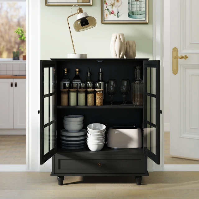 Alt view image 3 of 7 - Minimalist Black Buffet Cabinet with Double Glass Doors and Drawer, Modern Wooden Storage Sideboard Cupboard for Living room, Dining Room Hallway Entryway(Black)