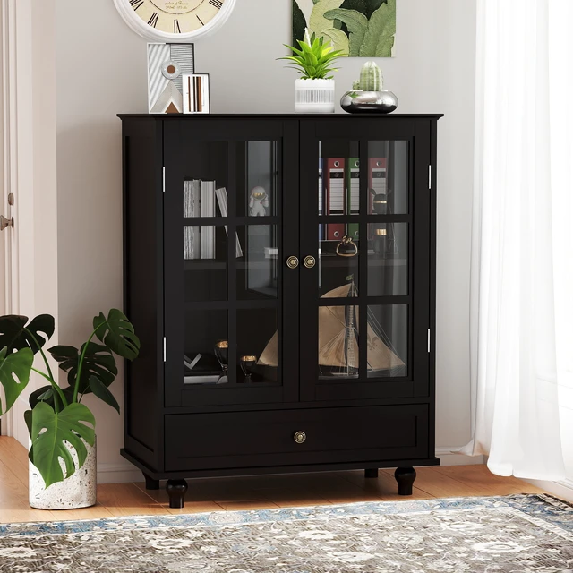 Alt view image 5 of 7 - Minimalist Black Buffet Cabinet with Double Glass Doors and Drawer, Modern Wooden Storage Sideboard Cupboard for Living room, Dining Room Hallway Entryway(Black)