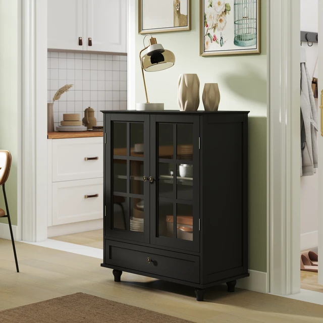 Alt view image 2 of 7 - Minimalist Black Buffet Cabinet with Double Glass Doors and Drawer, Modern Wooden Storage Sideboard Cupboard for Living room, Dining Room Hallway Entryway(Black)