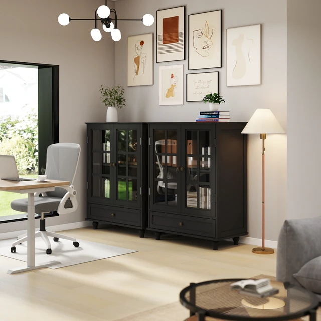 Alt view image 7 of 7 - Minimalist Black Buffet Cabinet with Double Glass Doors and Drawer, Modern Wooden Storage Sideboard Cupboard for Living room, Dining Room Hallway Entryway(Black)
