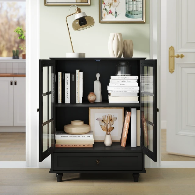 Alt view image 4 of 7 - Minimalist Black Buffet Cabinet with Double Glass Doors and Drawer, Modern Wooden Storage Sideboard Cupboard for Living room, Dining Room Hallway Entryway(Black)